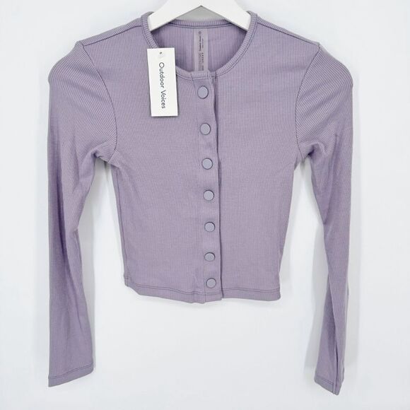 Outdoor Voices Cozy Rib Cropped Cardigan Earl Grey Lavender New XS - Picture 2 of 6